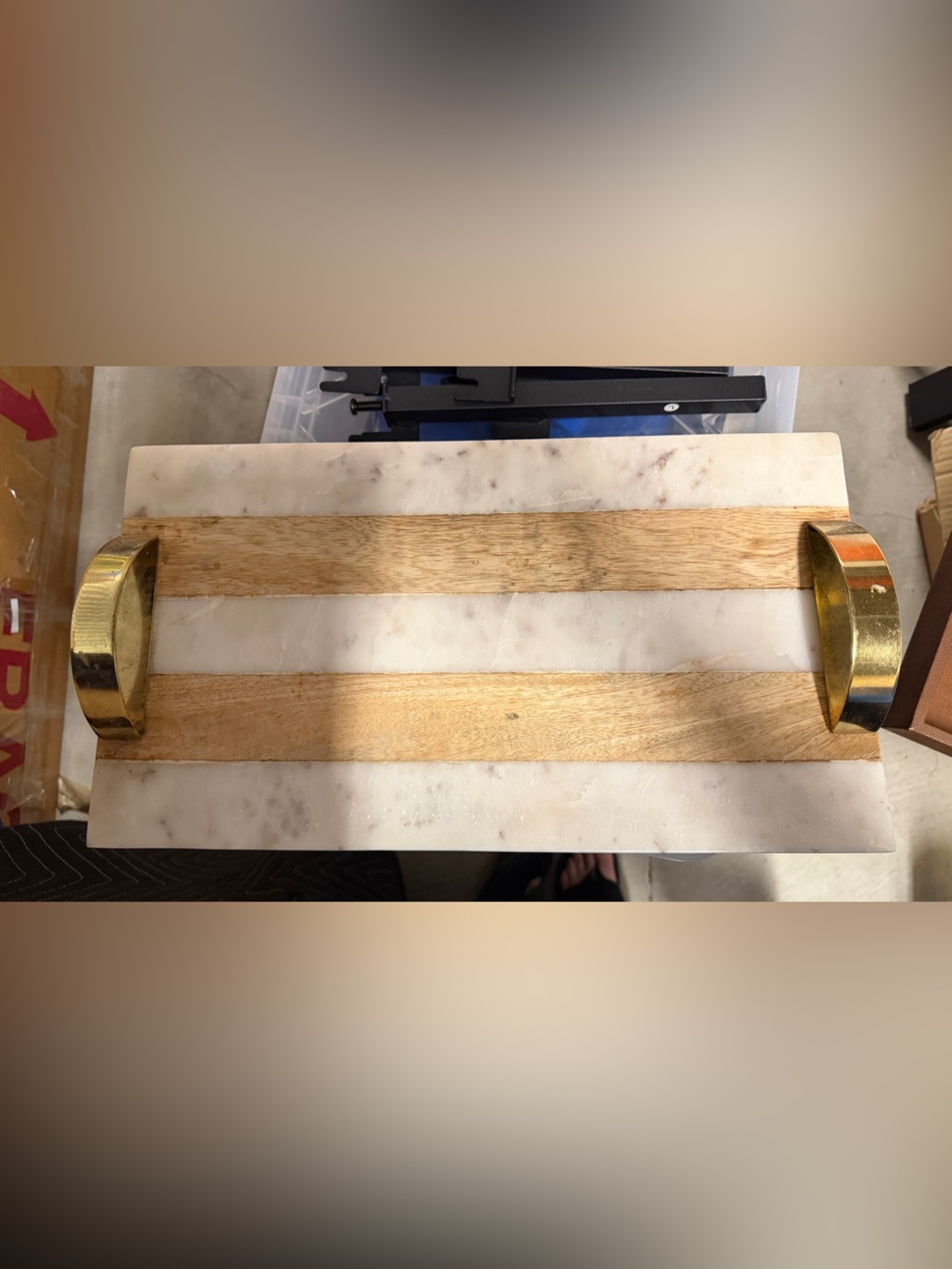 Solid Marble and Wood Serving Board with Brass Handles